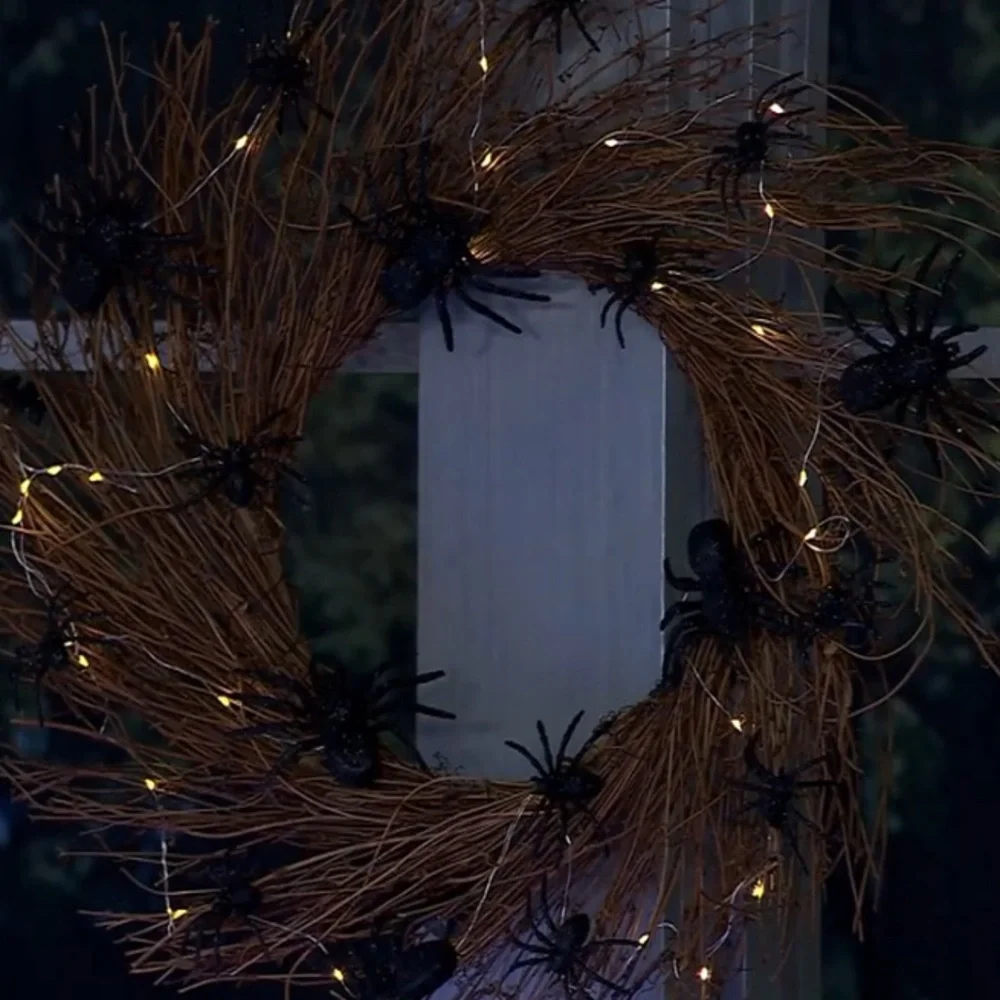 Halloween Twiggy Rattan Branchy Spider Wreath LED Light-up Lit 25” Decor 🕸️